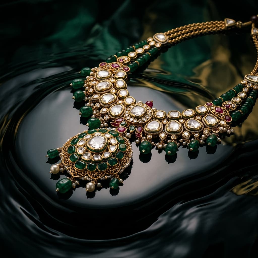 Kundan bridal necklace set with emeralds and pearls on emerald silk